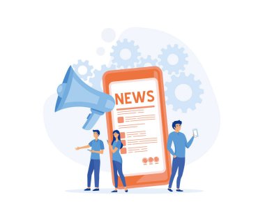 Çevrimiçi haberlerde. Genç erkekler ve kadınlar büyük akıllı telefonun yanında duruyor ve haberleri okumak için kendi akıllı telefonlarını kullanıyorlar. düz vektör modern illüstrasyon