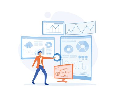 Veri bilimci, verileri analiz etmek için sanal gösterge paneli ile bakıyor ve etkileşimde, düz vektör modern illüstrasyon