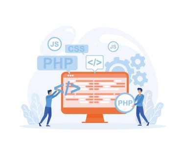 Küçük insan programcıları kodlama ve projedeki hataları düzeltme. Program kodlu dizüstü bilgisayar ekranı. düz vektör modern illüstrasyon