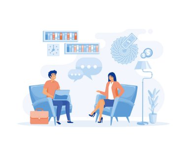 İş adamı kadın finans danışmanıyla konuşuyor. Yatırım planlama, bankacılık. Finansal danışman, vergi uzmanı. düz vektör modern illüstrasyon