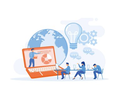 Webinar ve çevrimiçi eğitim kursları, öğretmen bir grup öğrenciye çevrimiçi öğretiyor. düz vektör modern illüstrasyon