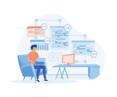 Genç programcı çalışma projesine odaklandı. Programlama ve kodlama teknolojileri geliştiriliyor. düz vektör modern illüstrasyon.