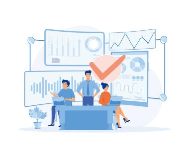Veri bilimcileri, yazılım mühendisi, istatistikçi, programcı, görselleştirici ve analist bir proje üzerinde çalışıyor. Büyük Veri Analizi kavramı, düz vektör modern illüstrasyon