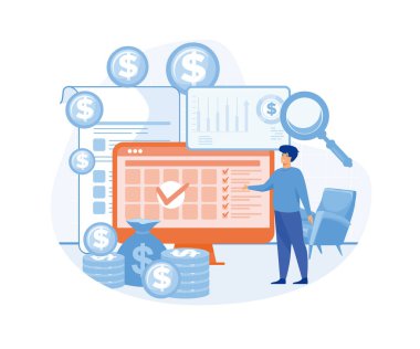 Dolar, bozuk para, kadın, dizüstü bilgisayar ve büyüteçle kişisel ya da aile bütçesi planlama finansal vektör çizimi. Vergi raporu, denetim ya da para çantası ve grafiklerle yatırım analizi. düz vektör modern illüstrasyon