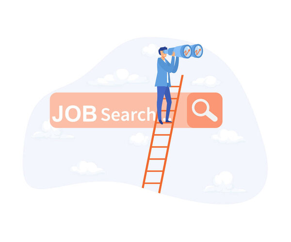 Looking for new job, find opportunity, businessman climb a ladder on job search bar with binocular to see opportunity, flat vector modern illustration
