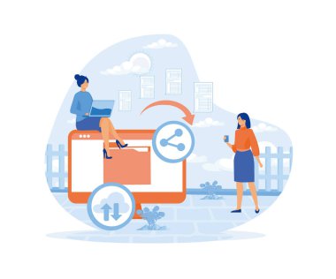 Dosya paylaşımı, veri transferi, belge transferi, bulut servisi, dosya yönetimi, elektronik belge yönetimi kavramı. düz vektör modern illüstrasyon