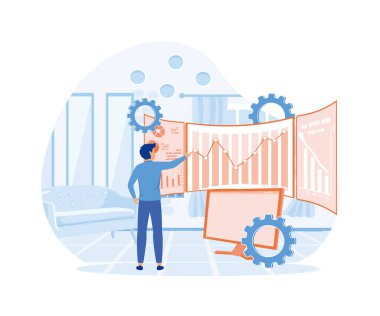 Büyük veri araçları ve görselleştirme, veri giriş hizmetleri, analitik platform, iş zekası, yazılım geliştirme soyut metafor. düz vektör modern illüstrasyon
