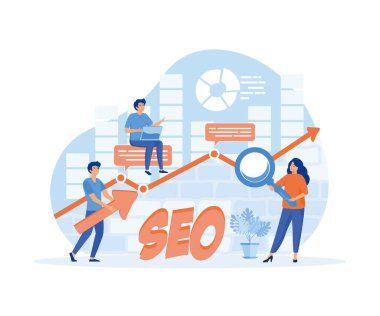 SEO, Arama Motoru Arama Sonuç sayfası konseptinde gösterilecek web sitesi optimizasyonu, elinde büyüteç tutan profesyonel insanlar. düz vektör modern illüstrasyon