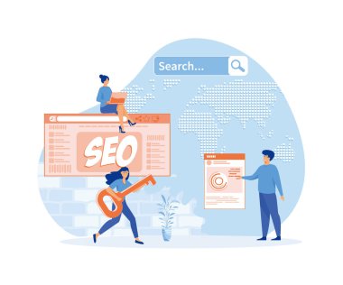İş adamı ve iş kadını yüzsüz karakterler dijital dünya haritası üzerinde SEO 'nun kısaltması etrafında hareket halindeler. düz vektör modern illüstrasyon