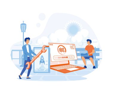 Yazılım Güncelleme düz vektör illüstrasyon konsepti, iniş sayfası, ui, web, uygulama giriş kartı, editör, broşür ve afiş için kullanılabilir. düz vektör modern illüstrasyon