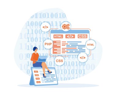 Programlama ve mühendislik gelişimi. Küçük kız programcı ya da geliştirici kod programlama dili yaratıyor. düz vektör modern illüstrasyon