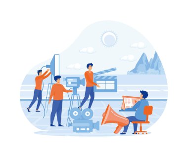 Film yaratma ekibi beyaz arkaplandaki çizgi film karakterini izole etti. düz vektör modern illüstrasyon