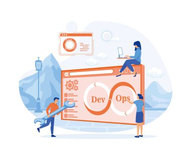 DevOps Kavramsal Küçük Programcılar Geliştirme ve Yazılım Uygulamaları. düz vektör modern illüstrasyon