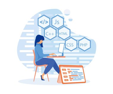 proje mühendisi, programlama yazılımı, uygulama, geliştirici, HTML, PHP, JS, CSS, Java Script, diller. düz vektör modern illüstrasyon