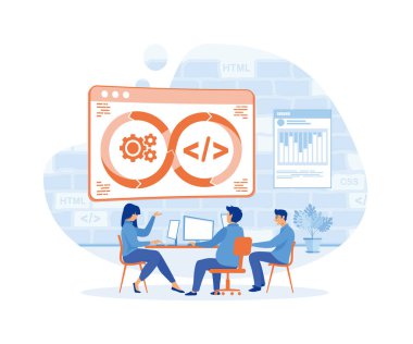 soyut konsept vektör illüstrasyon yazılım geliştirme ekibi üyesi çevik iş akışı takım çalışması proje yönetimi entegre uygulama metaforunu modeller. düz vektör modern illüstrasyon