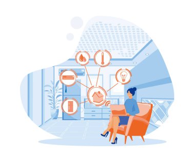 Dijital tablet kontrol cihazları kullanan bir kadın. düz vektör modern illüstrasyon