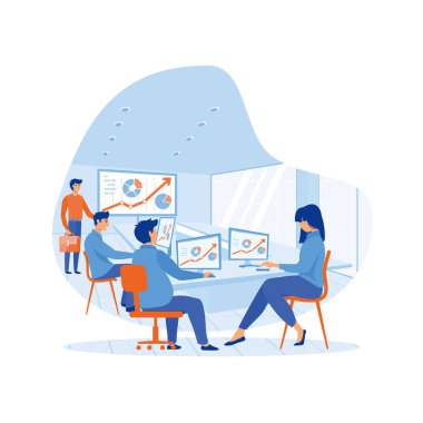 İş eğitiminde insanlar sunuma özel ders veren karikatürlerin gösterdikleri grafiklerle bakıyorlar. düz vektör modern illüstrasyon