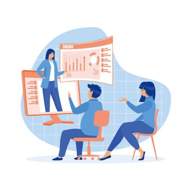 İniş sayfasında insan karakterler var. İnternetteki Webinar ve iş koçu afişi. düz vektör modern illüstrasyon