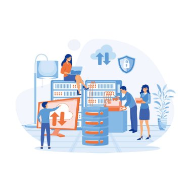 Sistem yöneticisi bakım sunucusu, ağ ayarlaması, bilgisayar donanımı. düz vektör modern illüstrasyon