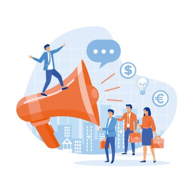 Reklam kavramı, pazarlama, promosyon. Hoparlör kalabalığa konuşuyor. düz vektör modern illüstrasyon