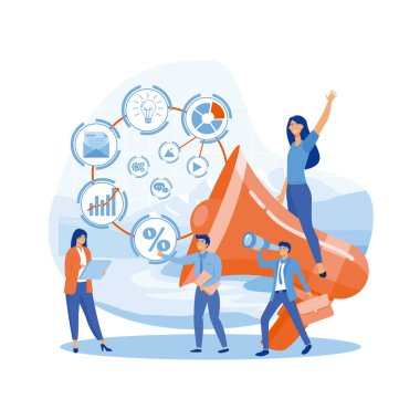 Reklam insanları konsepti, vektör çizimi. Düz megafonla iletişim duyurusu, iş dijital reklam tasarımı. düz vektör modern illüstrasyon