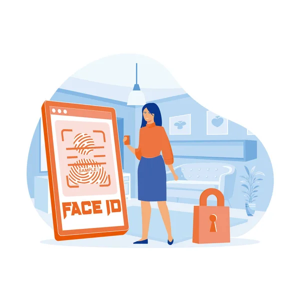 stock vector Face recognition and data safety. mobile phone users getting access to data after biometrical checking. flat vector modern illustration