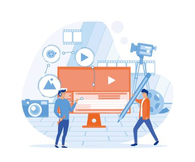 Yaratıcı profesyoneller takım animasyoncuları, tasarımcılar animasyon film yaratıyorlar. düz vektör modern illüstrasyon