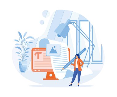 Çevrimiçi blog resmi oluşturmak için kalem kullanan zeki bir kadın. düz vektör modern illüstrasyon