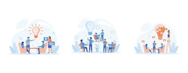 Yenilik, kariyer geliştirme, iş kurma kavramı. İşçiler yeni fikirler ve yükselen kariyerler arıyorlar. Düz vektör modern illüstrasyonunu ayarla