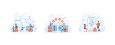 Finansal işlemler. NFC ödeme sistemi, para transferi, mobil bankacılık hizmeti. Düz vektör modern illüstrasyonunu ayarla