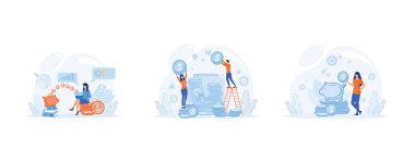 Finans Tasarruf Konsepti, genç bir kadın mali birikimlerini karşılıyor. Aile çiftleri para biriktiriyor. Finans yönetimi. Düz vektör modern illüstrasyonunu ayarla