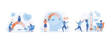 İnsanlar ruh hali ölçeğinde, stres oranında. Enerjik Üretici Kadın ve Tam Enerji Bataryası. Termometre, stres seviyesi ölçeğinde duygular, ruh hali. Düz vektör modern illüstrasyonunu ayarla