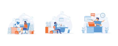 Çalışmaktan bunalmış bir ofis işçisi, bir yığın belgenin arasında sandalyeye oturur. Düz vektör modern illüstrasyonunu ayarla