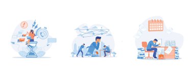 Ofiste stres var. Acele iş. Teslim tarihi, yorgun ve çileden çıkmış bir ofis çalışanı yığınla kağıt ve belge arasında. Düz vektör modern illüstrasyonunu ayarla