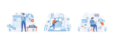 İnternetteki reklamlar. Yetersiz SEO optimizasyonu. Etkisiz anahtar sözcük analizi. SEO içerik denetimi olmadan içerik üretimi. Düz vektör modern illüstrasyonunu ayarla