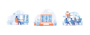 Video konferans ve online iletişim vektörü konsepti. Evden çalışmak ve herhangi bir yerden çalışmak, düz vektör modern illüstrasyonunu ayarlamak