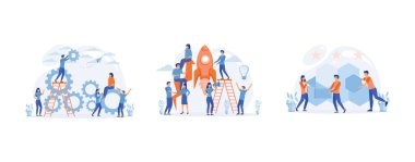 Mekanizma takım çalışması. İnsanlar takım çalışmasına, birlikte çalışmaya ve problem çözmeye meydan okuyor, düz vektör modern illüstrasyonunu ayarlıyorlar