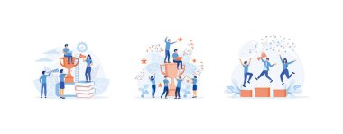 Başarı ekibi konsepti, insanlar başarı başarısını kutluyor, çalışanları tanıyor, düz vektör modern illüstrasyonunu ayarlıyor.