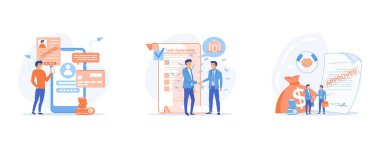 Kredi anlaşması kavramı, bankadan borç almak, akıllı telefon başvurusu, ipotek, borç veya yükümlülük, kişisel kredi, düz vektör modern illüstrasyon