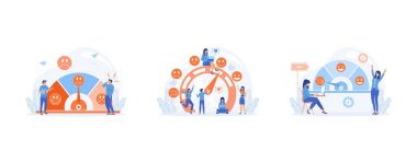 Stres seviyesi, ruh hali ölçeği duygusal ve iş yoğunluğu yüzünden yorgun. Düz vektör modern illüstrasyonunu ayarla