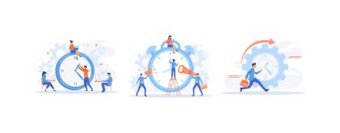 Zaman yönetimi, kontrol, iş adamı saat şeklinde vites kolluyor. İşlem organizasyonu. Düz vektör modern illüstrasyonunu ayarla