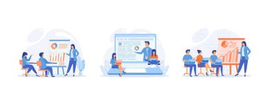 İş semineri sunumu ve pazarlama, satış ve e-ticaret üzerine profesyonel eğitim. Düz vektör modern illüstrasyonunu ayarla