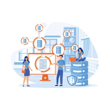 Ofislerdeki sistemlerin, ağların ve altyapının yönetimi ve desteği. düz vektör modern illüstrasyon