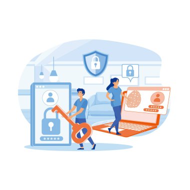 İnsan karakterli biyometrik erişim kontrol ağı tasarımı. düz vektör modern illüstrasyon