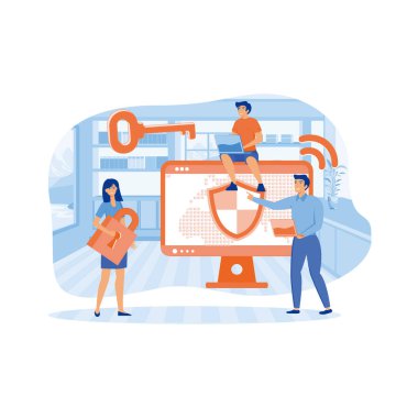 Veri Koruma Gizlilik Konsepti. Bilgisayar ve Mobil Gadget kullanan Karakterlerle Gizli ve Güvenli İnternet Teknolojileri. düz vektör modern illüstrasyon