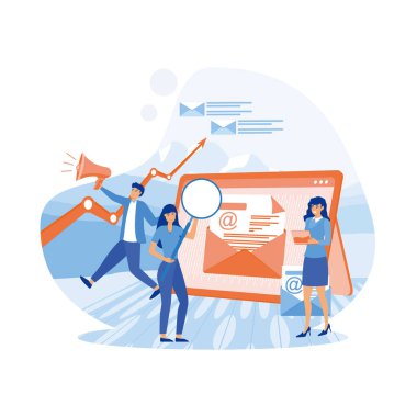 Dev tabletli kompozisyon, ekranda zarf, bir grup çalışan ya da pazarlamacı. düz vektör modern illüstrasyon