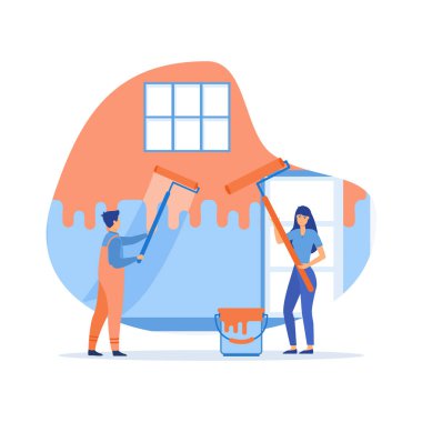 Sarı vektör illüstrasyonlu yeni dairede duvarları boyayan genç çift ve kadın. düz vektör modern illüstrasyon