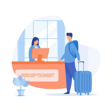 Otel servisi. Resepsiyonist, insanlara, resepsiyon salonuna, kadın resepsiyonist düz vektör modern illüstrasyonla bilgi verir.