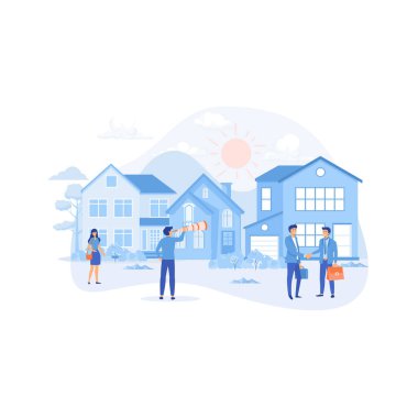 Emlak işi konsepti. Artan emlak piyasası, yükselen evler ve metrekare değeri, düz vektör modern illüstrasyon