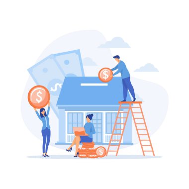 Gayrimenkul yatırımı, ev alımı. Küçük insanlar borç içinde ev satın alıyorlar, düz vektör modern illüstrasyon